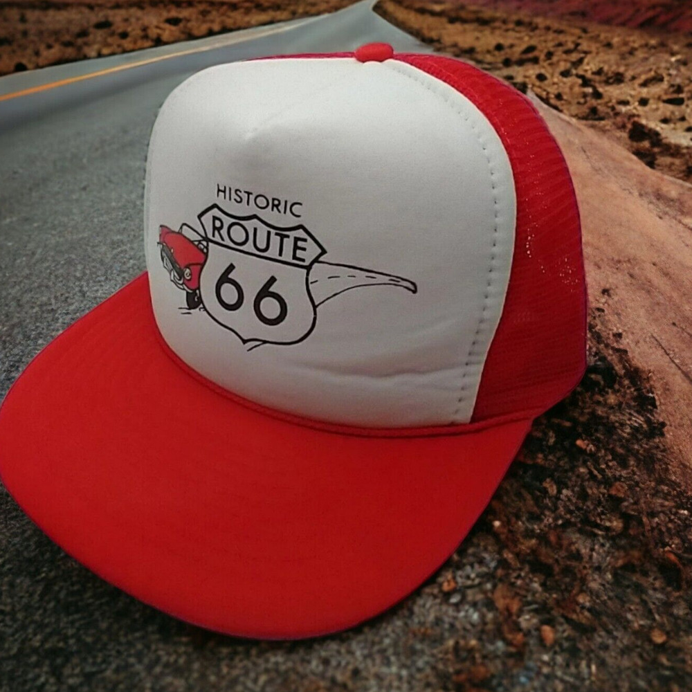 VTG Route 66 Retro Trucker Hat 🧢 Red White Snapback Mesh Cap